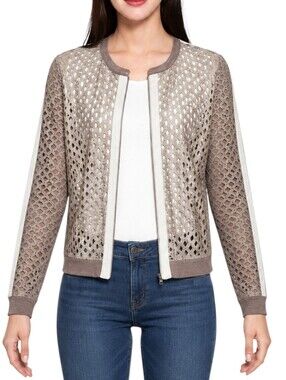 Tuzzi Perforated Zip Jacket Women 12 Taupe Lightweight Bomber